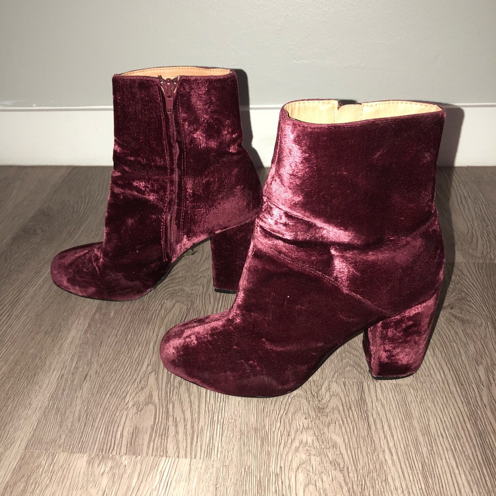 Burgundy velvet heeled booties